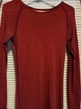 Ibex Woolies LS Baselayer, Navy & Orange Stripe, Women's Medium, Merino Wool